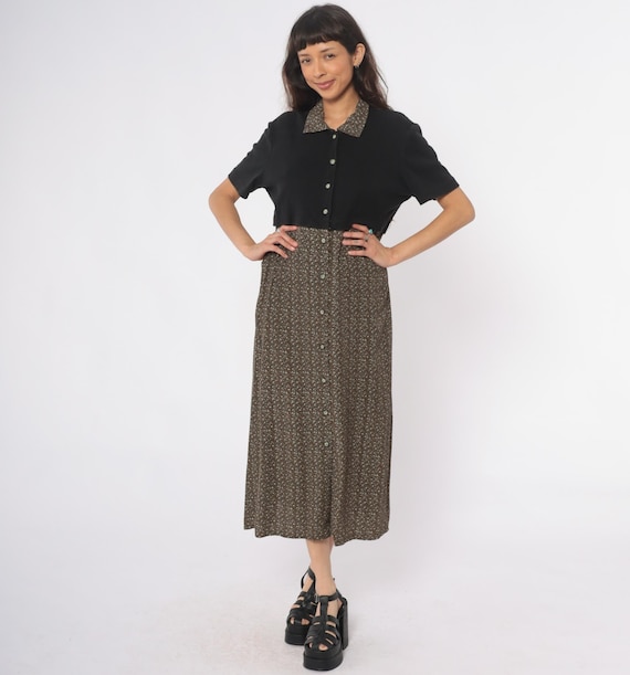 90s Maxi Dress Color Block Button Front Black Olive Green Brown Floral Print Short Sleeve Collar Prairie Vintage Modest Long Large L