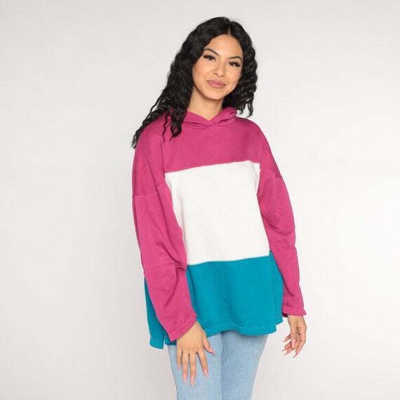 Striped Hoodie 90s Color Block Hooded Sweatshirt White Pink Green Retro Pullover Streetwear Basic Sporty Sweater Hood Vintage 1990s Large L