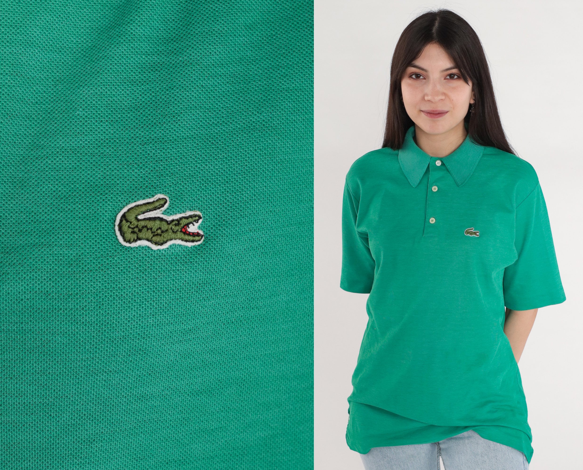 Lacoste Polo Shirt 80s Green Shirt Izod Crocodile T-Shirt Retro Preppy Collar Top Basic Simple Plain Designer Vintage 1980s Medium