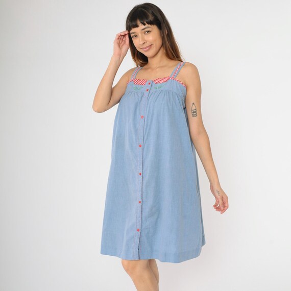 Vintage Chambray Sun Dress Blue Floral Embroidered Gingham Summer Snap Button Up Sundress 80s Boho Midi Tent 1980s Sleeveless Small Medium