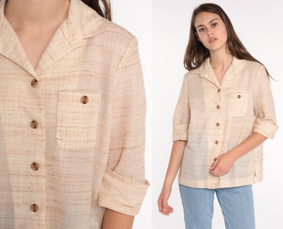 Button Up Shirt 70s Cuffed Sleeve Shirt Beige Button Down Long Sleeve Top Flecked Shirt 80s Collared Plain Neutral Large