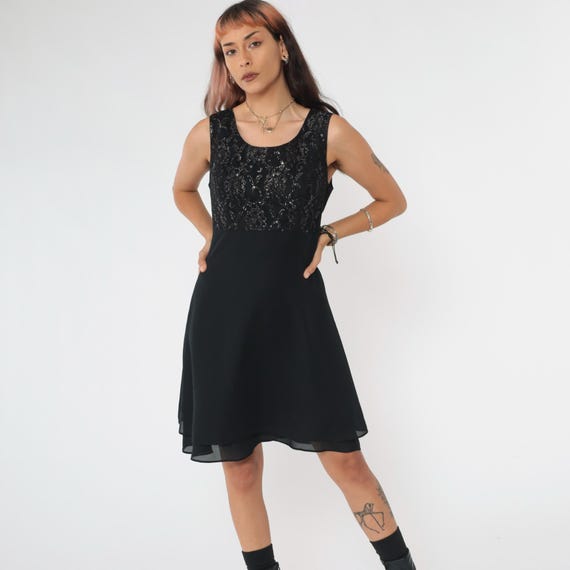 90s Black Lace Dress Metallic Mini Gothic Party 1990s Minidress Skater Tank Lacy Dress Cocktail High Waist Fit and Flare Small 6