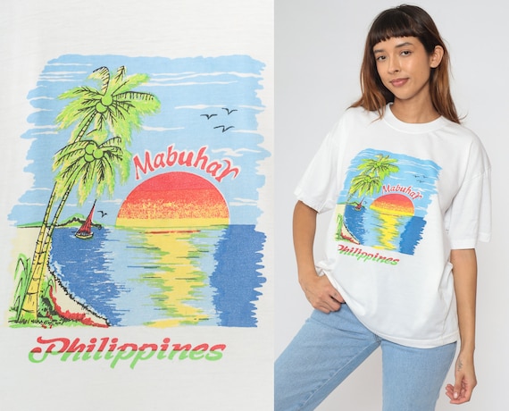 Philippines Shirt Y2K Mabuhay Graphic Beach Tshirt Filipino T Shirt Vintage 00s Tropical Palm Tree Tee Sailboat Travel Souvenir Large xl