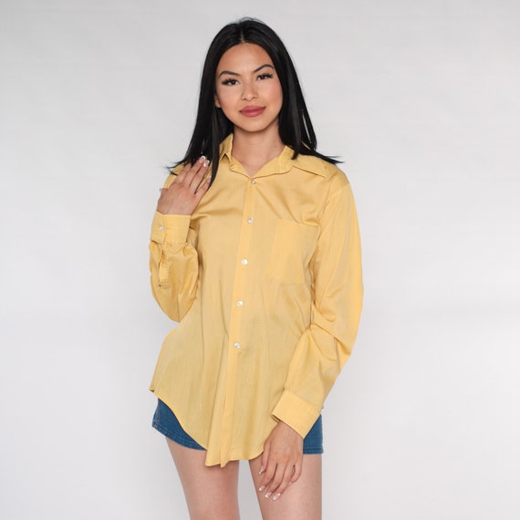 70s Yellow Shirt Dagger Collar Shirt Button Up Shirt Long Sleeve Top Disco Retro Plain Seventies Vintage 1970s Collared Oxford Medium 15
