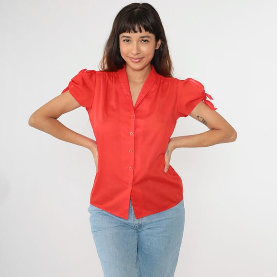 Vintage Puff Sleeve Blouse Red Keyhole Tie Shoulder 80s Plain Button Up Shirt Boho Hippie V Neck Top 1980s Short Sleeve Cut Out Medium