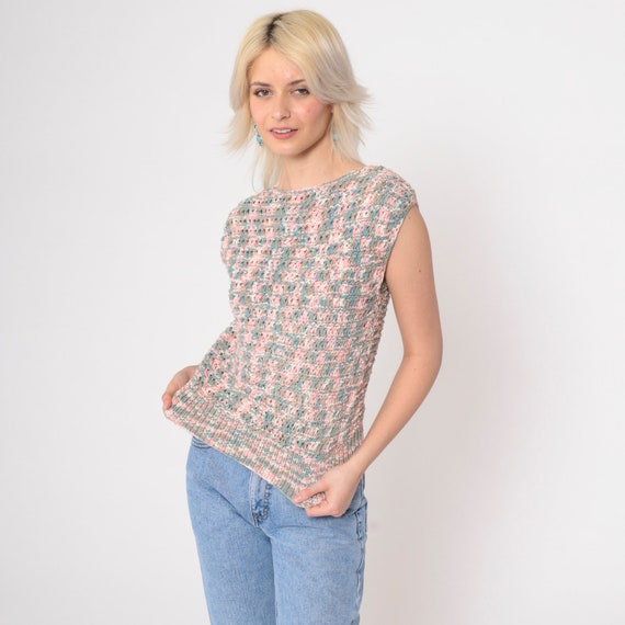 Openwork Crochet Sweater Top 80s Semi-Sheer Ombre Knit Shirt Pastel Pink Blue Open Weave Cap Sleeve 1980s Slouchy Vintage Extra Small xs