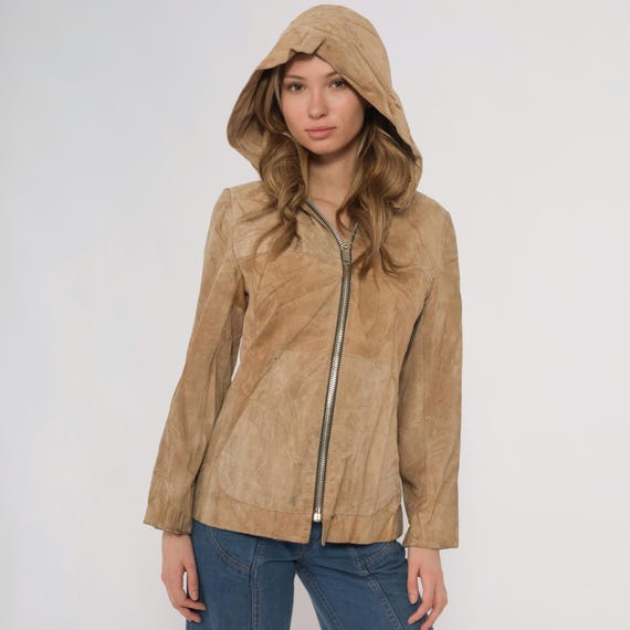 Hooded Suede Jacket 70s Tan Zip Front Leather Vintage Boho Desert Fall Neutral Beige Hippie Festival Outerwear Long Sleeve Women Small S