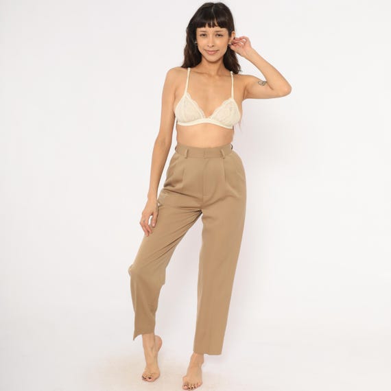 80s Wool Trousers Tan Pleated High Waist Tapered Leg Camel Sand Slacks Office Professional Khaki Straight Pants Neutral Academic Small S