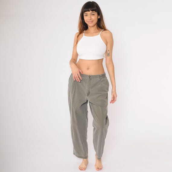 90s L.L. Bean Pathfinder Pants Olive Pleated Canvas Trousers High Waisted Pants Retro Tapered Leg Slacks Preppy Vintage 1990s Men's 36 x 29