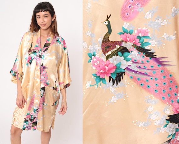 Gold Peacock Kimono 90s Floral Robe Wide Sleeve Vintage Champagne Asian Inspired Duster Coverup Open Front Satin Style Loungewear Medium M