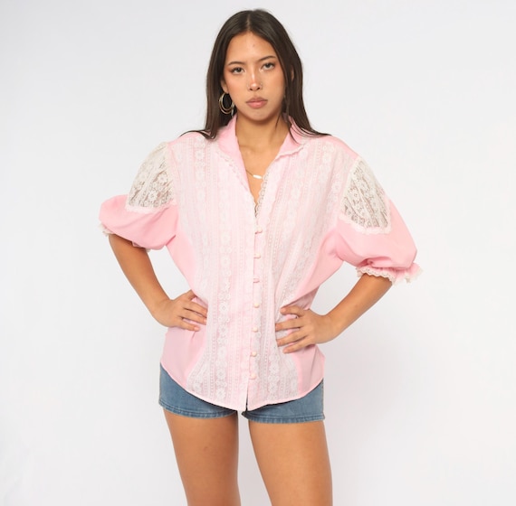 70s Pink Lace Blouse  Puff Sleeve Button Front Collared Ruffle Cuff Coquette Cottagecore Prairie Romantic Pastel Boxy Top Extra Large XL