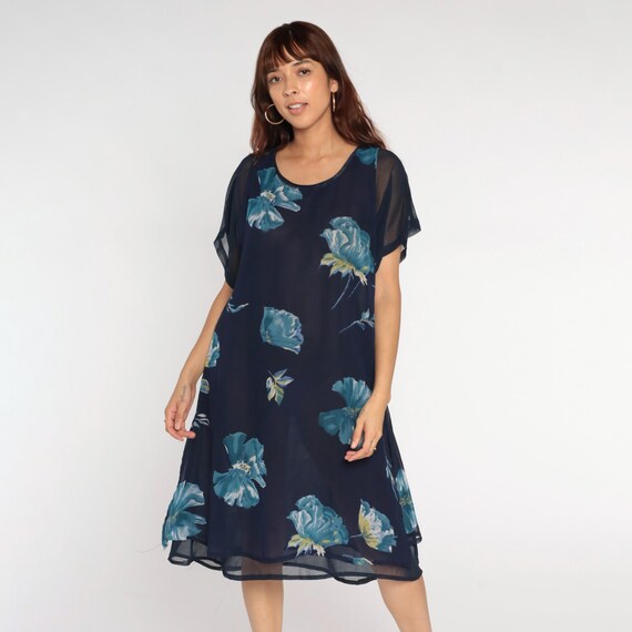 Vintage Floral Chiffon Dress 90s Navy Blue Boho Flower Print Short Short Sleeve Scoop Neck 1990s Bohemian Hippie Retro Large L