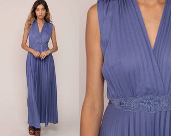 70s Maxi Dress Party GRECIAN Goddess Pleated Disco KEYHOLE BACK Deep V Neck Purple Long High Waist Vintage Cutout Sleeveless Small
