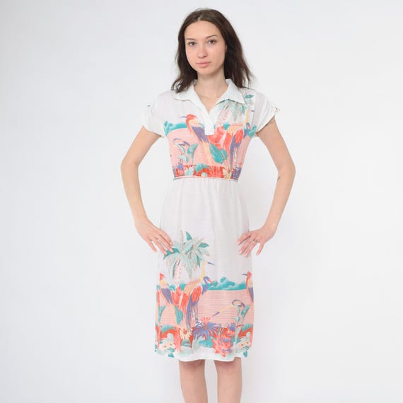 Vintage Tropical Bird Dress 80s White Summer Heron Print Elastic Waist Polo Collar Made in Japan 1980s Resort Midi Cap Sleeve Extra Small xs