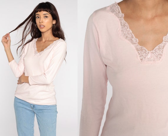 Long Sleeve Shirt Baby Pink Shirt LACE TRIM 80s T Shirt Plain Retro Tee Vintage Cotton Tshirt Undershirt Normcore Basic Medium