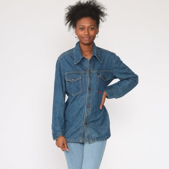 70s Denim Shirt Blue Jean Hippie Button 