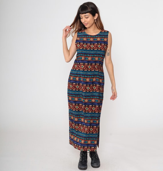 90s Geometric Maxi Dress Navy Blue Southwestern Print Sleeveless Tank Vintage Striped Desert Pattern Diamond Print Aztec Style Medium M