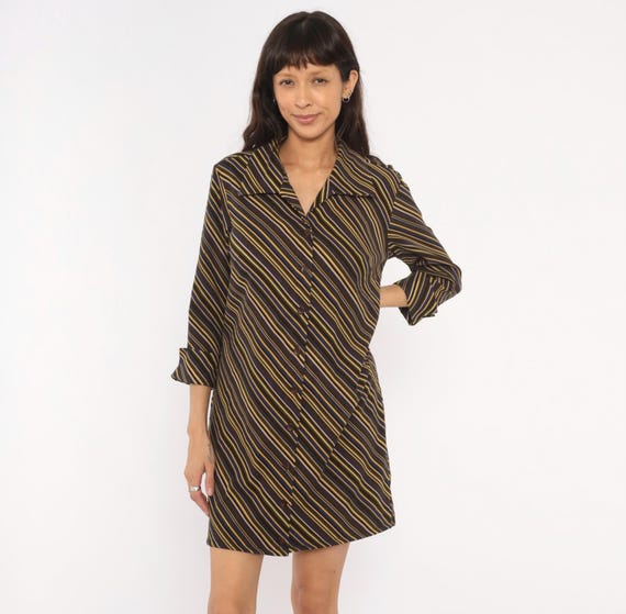 Y2K Striped Shirt Dress Olive Navy Gold Button Front V Neck Notched Collar Cuffed Mini Selene Sport Preppy Casual Lounge Vintage Medium M