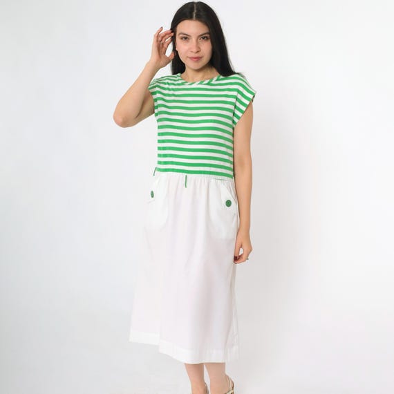 Vintage Green White Striped Dress 80s Midi Cap Sleeve Button Back Strappy 1980s Summer Casual Day Preppy Pockets High Waist Petite Medium M