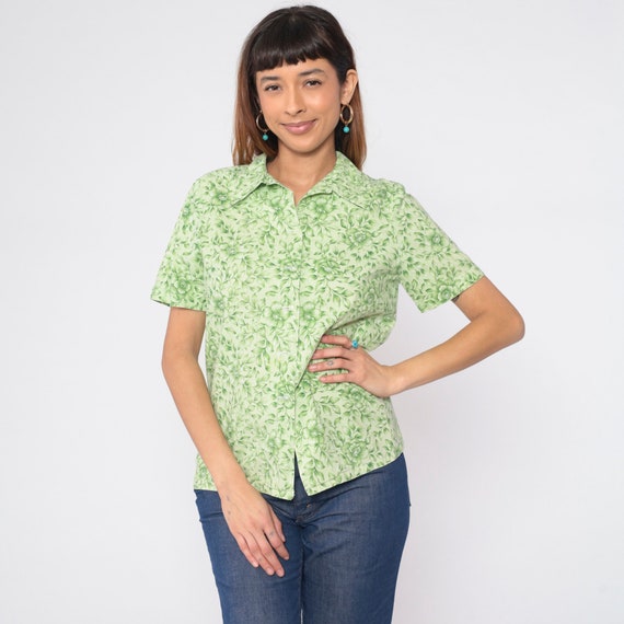 Green Floral Blouse 90s Button Up Shirt Flower Print Short Sleeve Collared Top Boho Summer Casual Retro Preppy Collar Vintage 1990s Medium M