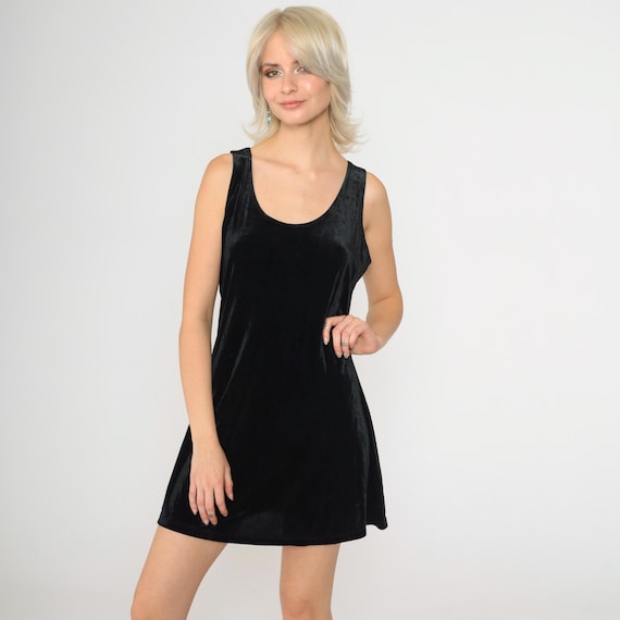 Velvet Mini Dress 90s Black Scoop Neckline Party Dress Bodycon Sleeveless A-Line Velour 1990s Grunge Vintage Gothic Witch Minidress Medium