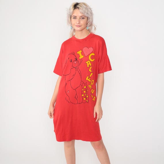 Vintage Teddy Bear T-Shirt Dress 80s California Pajama Nightgown Red Nightie Graphic Tee Retro Midi  Sleep Shirt 1980s Small Medium xs