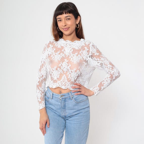 White Lace Crop Top Y2K Sheer Floral Applique Long Sleeve Mesh Coquette Fairycore Romantic  Dreamy Ethereal Boho  Angel Medium M