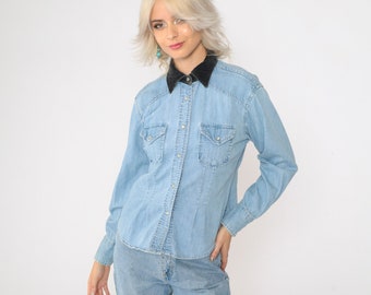 90s Denim Western Camisa Jean Pearl Snap Velvet Collar Grunge Azul 1990s Top Manga Larga Botón Up Vintage Rodeo Vaquera Top Pequeño Mediano
