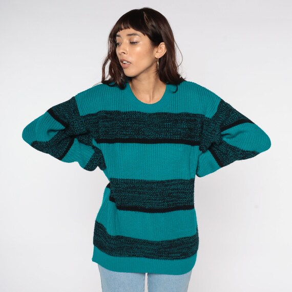 Teal Striped Sweater Knit Sweater 80s Pullover Sweater Black Crewneck Retro Nerd Slouch Jumper Vintage 90s Men's Large