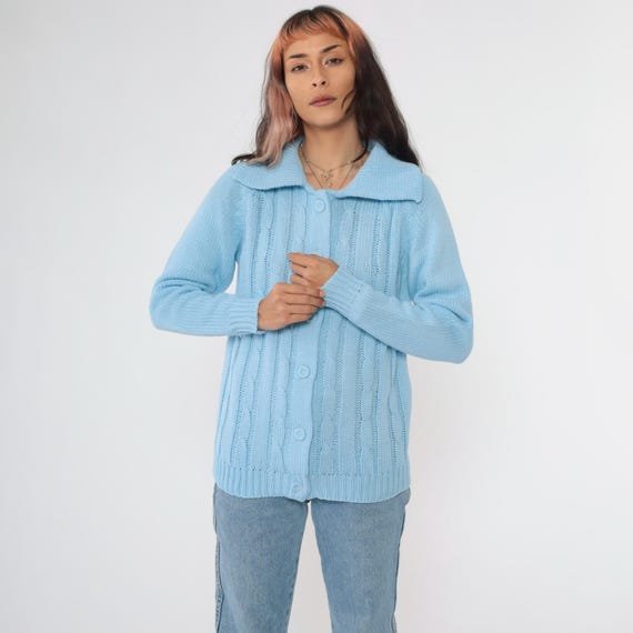 Vintage Baby Blue Cable Knit Cardigan 70s Button Up Sweater Acrylic Retro Sweater Pastel Granny Cableknit 1970s Small Medium
