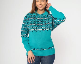 Vintage Wool Sweater 80s Turquoise Blue Nordic Ski Pullover Demetre Fair Isle Knit 1980s Winter Jumper Collared Small S