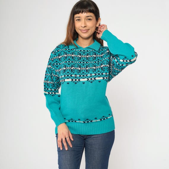 Vintage Wool Sweater 80s Turquoise Blue Nordic Ski Pullover Demetre Fair Isle Knit 1980s Winter Jumper Collared Small S