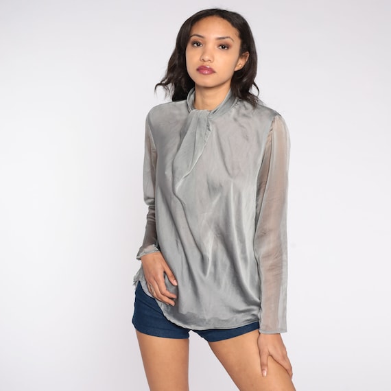 Metallic Silver Blouse 80s Sheer Sleeve Top Jabot Collar Top Disco Party Boho Formal Vintage 1980s Long Sleeve Shirt Solid Plain Medium 8