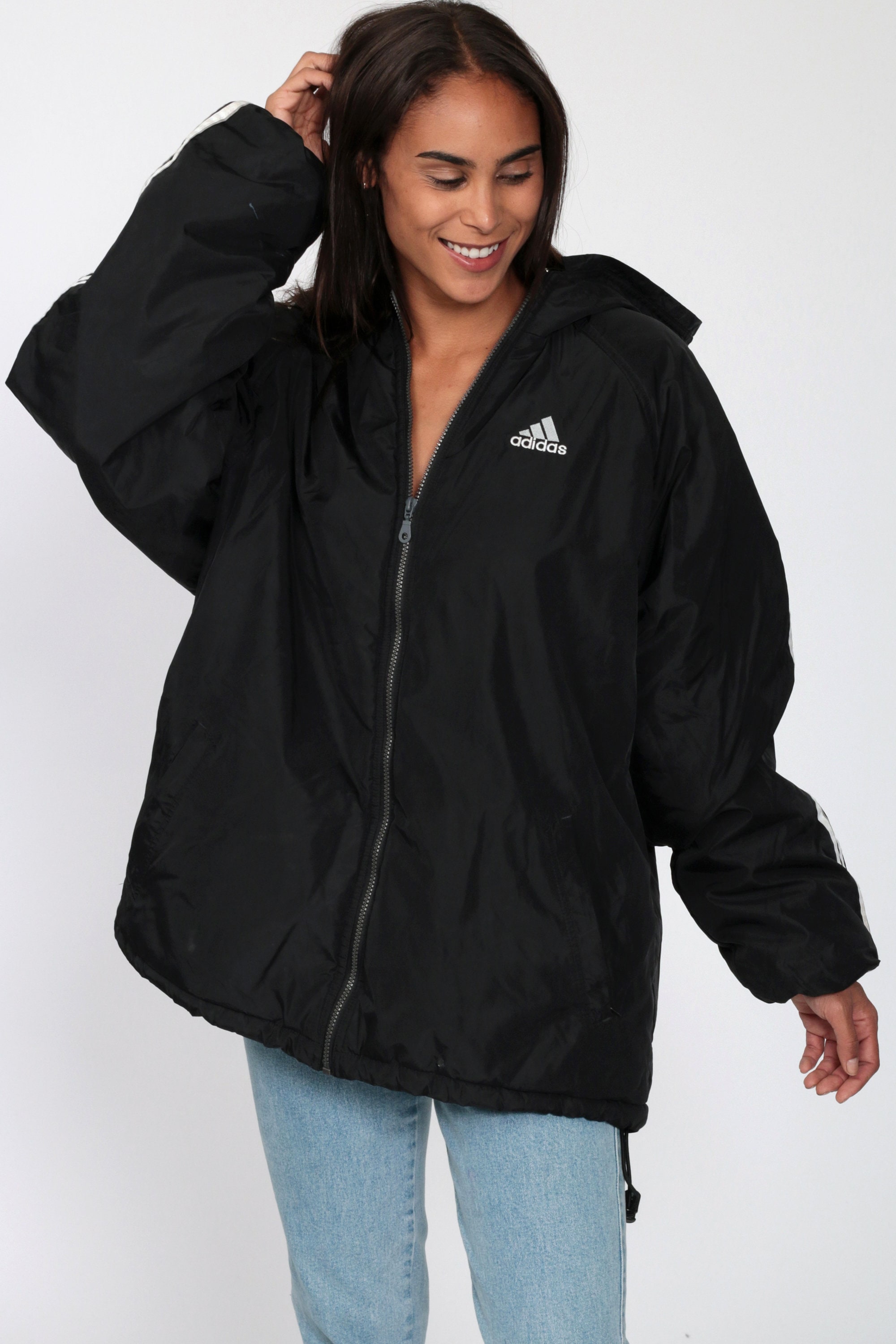 Reversible Adidas Hooded Jacket Black Hoodie Coat 90s Jacket Hood Coat