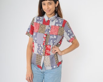 90s Floral Patchwork Blouse Vintage Paisley Print Button Up Shirt Short Sleeve Top Muted Blue Red Statement Rayon Linen 1990s Medium Petite