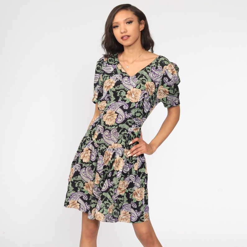 90s Mini Dress Floral Paisley Print Grunge DROP WAIST Boho Purple Black Deep V Neck Vintage Short Sleeve Medium