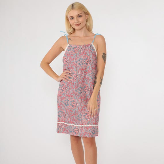 70s Sun Dress Paisley-Esque Boho Midi Red Blue Summer Mini Dress Geometric Shift Vintage Bohemian Sundress 1970s Spaghetti Strap Small