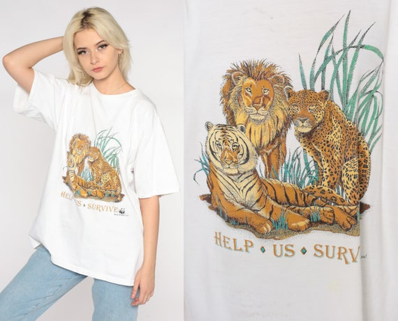 World Wildlife Fund Shirt Y2K Jungle Cat Tshirt Lion Tiger Leopard Graphic Tee Animal T-shirt Help Us Survive WWF Vintage Extra Large xl