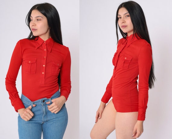 Red Bodysuit Shirt 70s Long Sleeve Collared Button Up Vintage Leotard Stretch Top 1970s Small S Retro Basic Minimal small