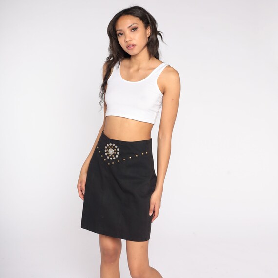 Black Studded Mini Skirt 90s Pencil Skirt High Waisted Western Rocker Wiggle Gothic Retro High Waist Goth Rock Party Vintage 1990s Small S