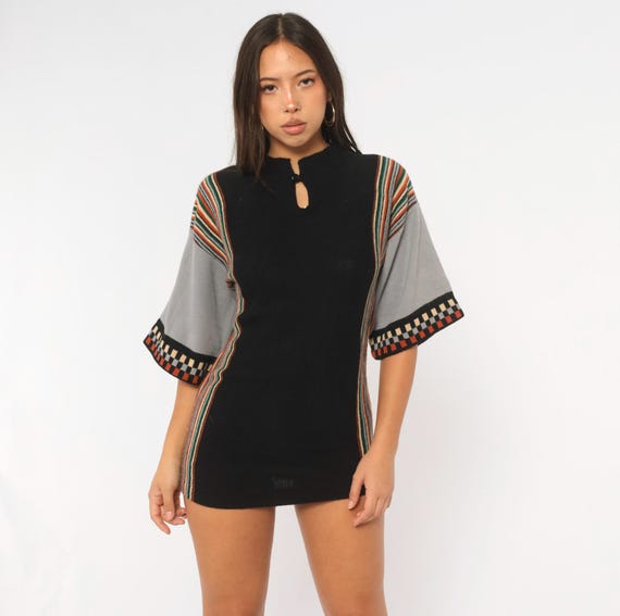 70s Striped Knit Tunic Top Black Rainbow Checkered Trim Short Flutter Sleeve Keyhole Cardigan Color Block Hippie Sweater Vintage Small S