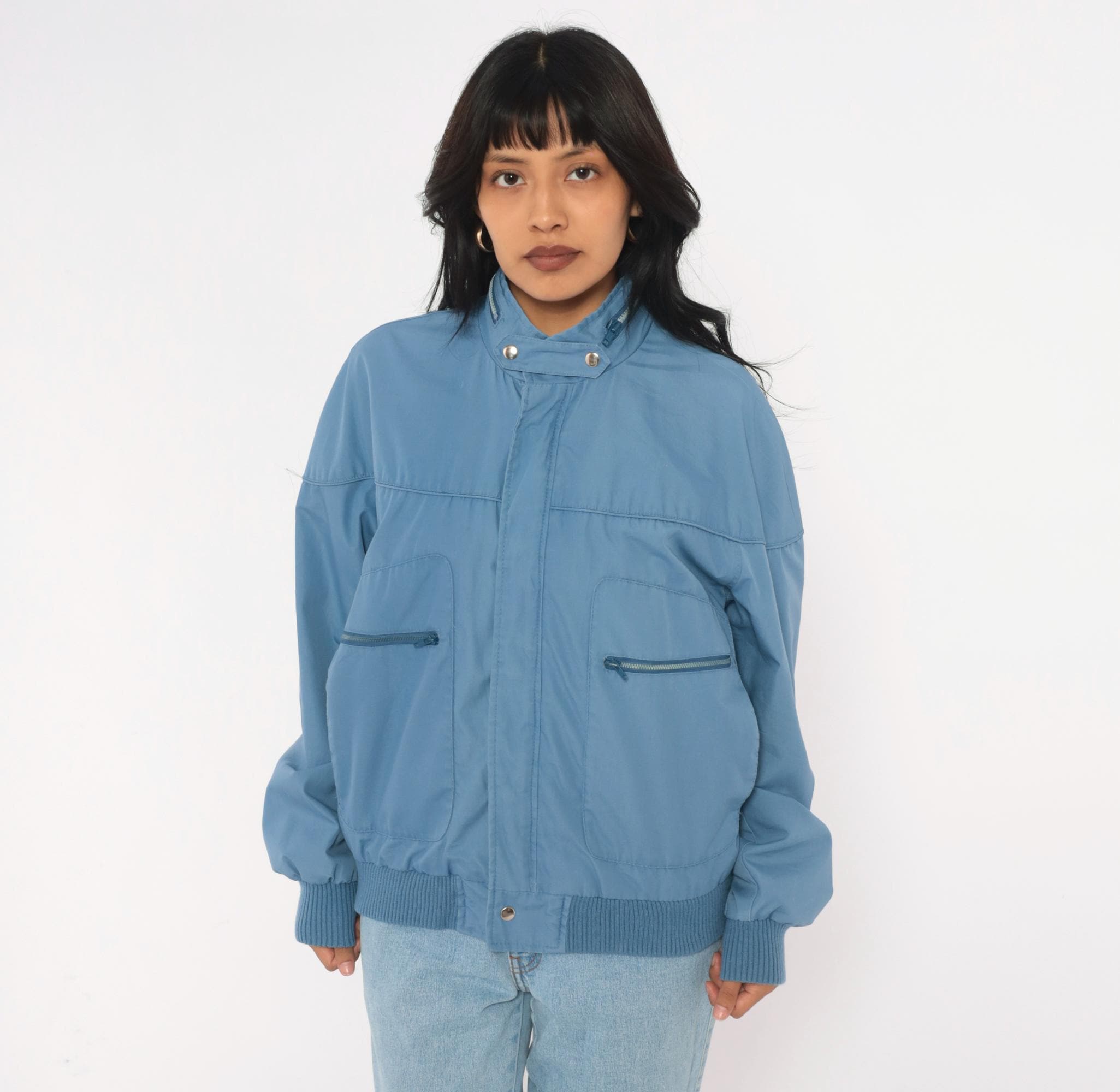80s Bomber Jacket Blue Crossings Zip Front Cotton Snap Collar