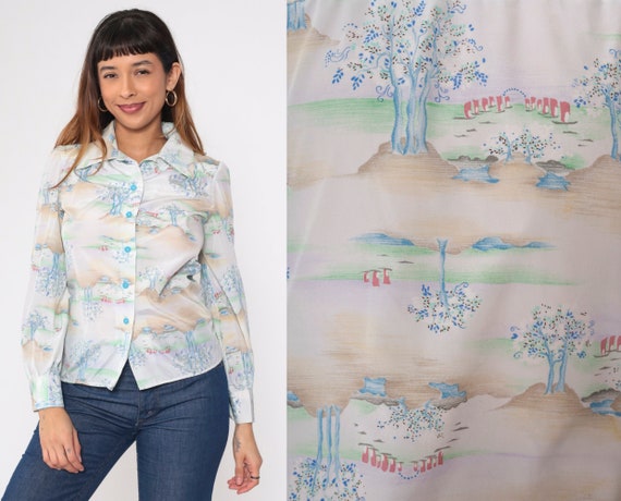 70s Tree Blouse Button up Disco Shirt Psychedelic Forest Nature Novelty Print Top Long Sleeve Collared White Blue Green Vintage 1970s Small