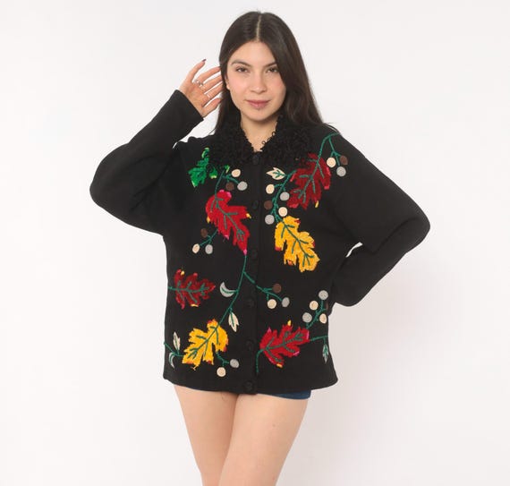 Autumn Leaf Embroidered Cardigan 90s Black Knit Button Front Fall Foliage Floral Sweater Victoria Harbour Cotton Novelty Vintage Large L