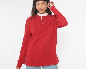 Red Rugby Shirt 90s Polo Ralph Lauren White Long Sleeve Cotton Preppy Collegiate Ivy League Light Academia Vintage Classic Sporty Medium M