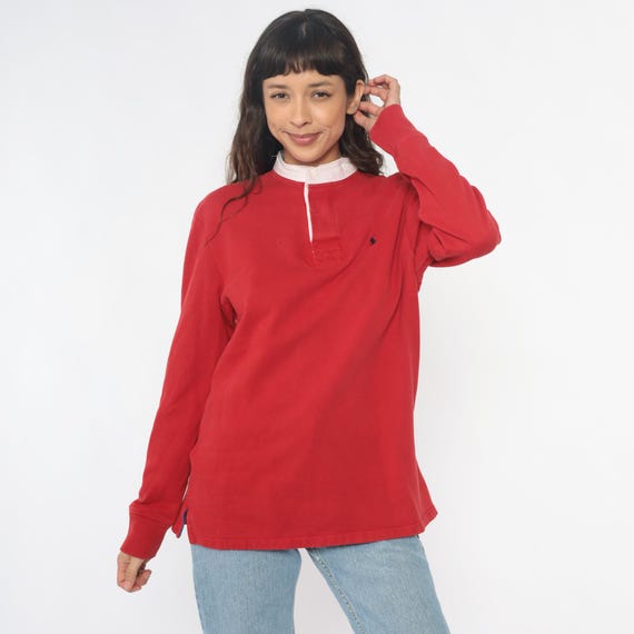 Red Rugby Shirt 90s Polo Ralph Lauren White Long Sleeve Cotton Preppy Collegiate Ivy League Light Academia Vintage Classic Sporty Medium M