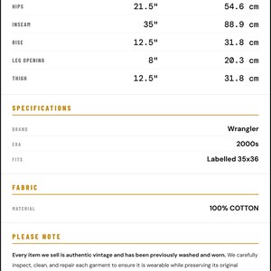 May include: Vintage Wrangler jeans with measurements: 45" length, 17.5" waist, 21.5" hips, 35" inseam, 12.5" rise, 8" leg opening, and 12.5" thigh. Made of 100% cotton. Era: 2000s. Labelled 35x36. Very good vintage condition with light wear.