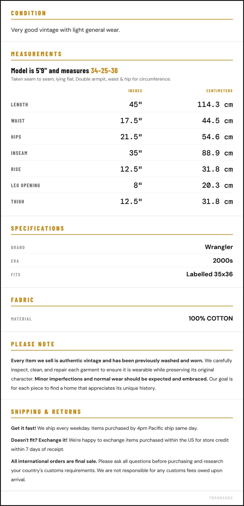 May include: Vintage Wrangler jeans with measurements: 45" length, 17.5" waist, 21.5" hips, 35" inseam, 12.5" rise, 8" leg opening, and 12.5" thigh. Made of 100% cotton. Era: 2000s. Labelled 35x36. Very good vintage condition with light wear.