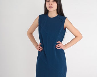 Navy Blue Shift Dress 60s Mod Mini Dress Retro Simple Twiggy Gogo Sixties Ribbed 70s Minimalist Plain Sleeveless Chic Vintage 1960s Small S