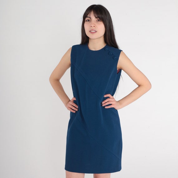 Navy Blue Shift Dress 60s Mod Mini Dress Retro Simple Twiggy Gogo Sixties Ribbed 70s Minimalist Plain Sleeveless Chic Vintage 1960s Small S